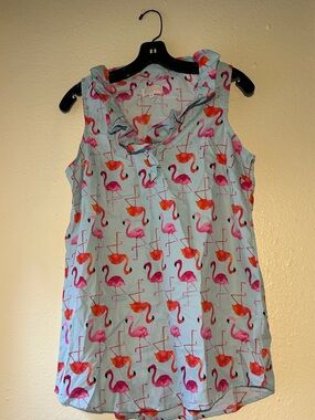 Mud Pie Light Blue Flamingo Print Ruffle Neck Sleeveless Top EUC